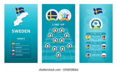 European 2020 Football Vertikal Banner Set für soziale Medien. Schweden Gruppe E Banner mit isometrischer Karte, Pin-Flagge, Spielplan und Line-Up auf Fußballplatz