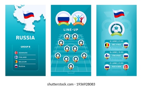 European 2020 football vertical banner set for social media. Euro 2020 Russia group B banner with isometric map, pin flag, match schedule and line-up on soccer field