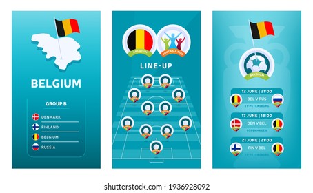 European 2020 football vertical banner set for social media. Euro 2020 Belgium group B banner with isometric map, pin flag, match schedule and line-up on soccer field