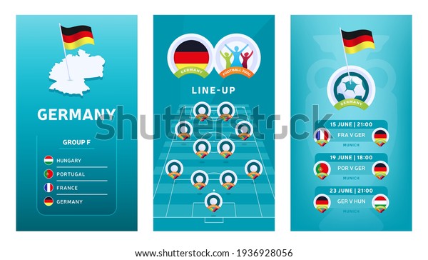 European 2020 football
vertical banner set for social media. Euro 2020 Germany group F
banner with isometric map, pin flag, match schedule and line-up on
soccer field