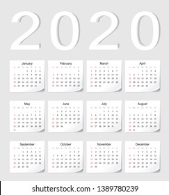 European 2020 vector calendar with shadow angles. Week starts from Sunday.