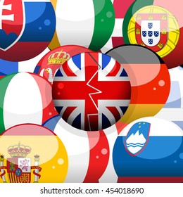 European 3D Flags Spheres Background and Union Jack Broken Sphere on Top