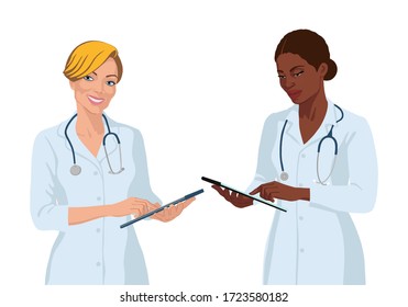 European and African American medicine workers, doctors. Smiling realistic female portrait. Hospital staff. Flat hand drawn illustration. 