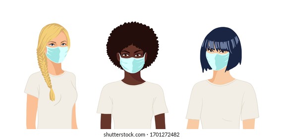 European, african, asian women with medical masks. Coronavirus COVID-19 protection concept. Realistic female group portrait on white background. Flat hand drawn vector illustration.