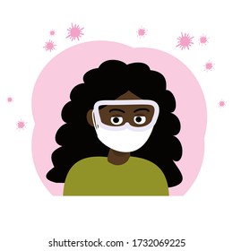 European African Woman in Face mask and Glasses Protect Herself from Viruses. Vector flat Illustration witn Coronavirus bacteria background for Profile Icon, Poster, Avatar.