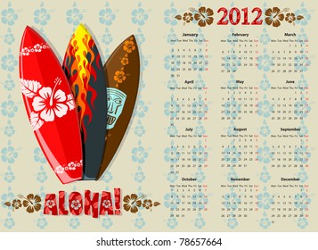European Aloha vector calendar 2012 with surf boards, starting from Mondays