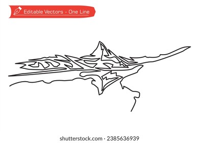 European alps premium icon. One continuous line of Matterhorn mountain and its shadow over an alpine river. Vector illustration of Matterhorn, Zermatt, Swiss Alps, Switzerland