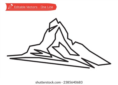 European alps premium icon. One continuous line drawing of Matterhorn Alps mountain range, located between Switzerland and Italy. Vector illustration of Matterhorn Alps. 
Straight line art.
