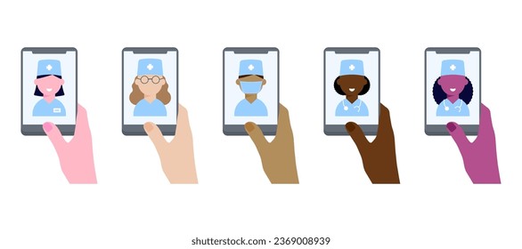 European American African Indian Doctor on phone screen in hand. Set of female therapist and nurse on white background. Flat style. Mobile Health Diagnostics. Vector illustration.