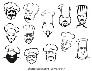 European, american and asian chefs in toques, cartoon sketch style