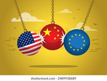 European and American wrecking ball smashes China. Representing the tense relation between European American and China. due the Trade War.