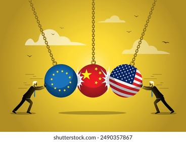 Bola destructora europea y americana destroza a China. Representando la tensa relación entre los europeos americanos y China. debido a la guerra comercial.