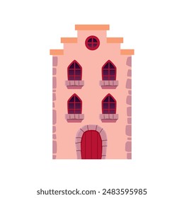 European ancient building icon. Flat cartoon vector illustration design of a medieval stone house, ancient facade details, isolated background for graphics.