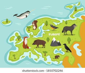 European animal. Wildlife Europe map illustration. Mainland and ocean creature habitat. European wild animal, bird and fish map. Underwater and land flora and fauna diversity. Vector education poster