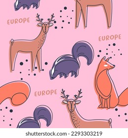 European animals biodiversity, zoo park dwellers. Skunk and deer with antlers, fox with hairy tail. Europe nature and wilderness. Seamless pattern, wallpaper print or background. Vector in flat style