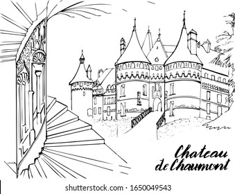 European architecture.  French Chateau of Chaumont sur Loire . Construction of the Renaissance. An illustration for a book or a page for coloring. Vector.inscription on the drawing is Chaumont castle