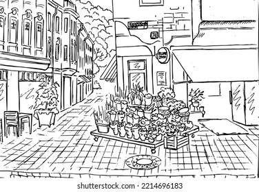 European architecture. Line sketch of cozy old Deutsch houses in Heidelberg, Germany. Drawn by hand. Coloring for children and adults.