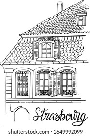 European architecture. The roof of a house in the French city of Strasbourg. Old roof. Tiled roof. Vector illustration. Coloring book for children and adults.