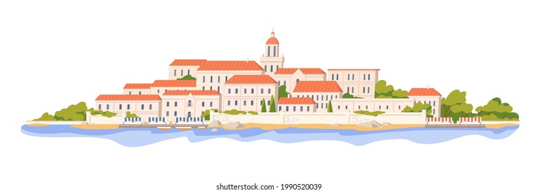 European architecture of southern coastal town. City buildings at sea coast. Cityscape panorama with houses and trees at seashore. Colored flat vector illustration isolated on white background svg
