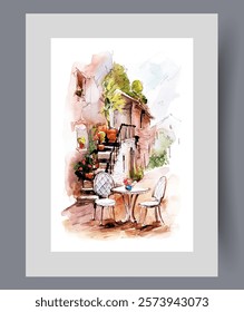 European architecture with street coffee shop with table near steps on wall art. Watercolor artwork. Print with urban architecture and buildings decorated with plants, in frame with decor for poster