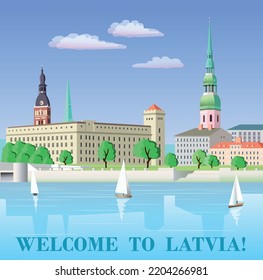 European architecture. Tourist poster Welcome to Latvia (Riga). Vector art illustration