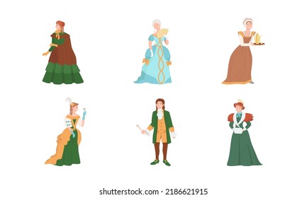 La aristocracia europea y los plebeyos se establecen. Personas vestidas con ropas antiguas de la ilustración vectorial del siglo XVIII