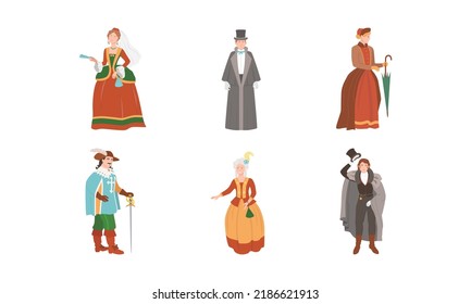 European aristocracy people in ancient clothes of the 18th century set vector illustration