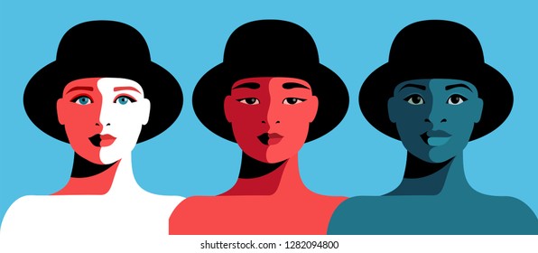 European, Asian and African girls in hats. Set of three female portraits. Vector illustration