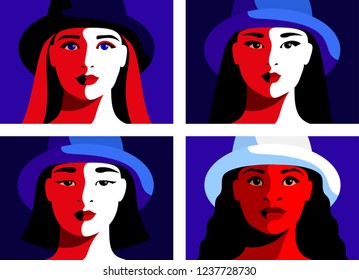 European, Asian and African girls. Set of close-up female portraits. Vector illustration