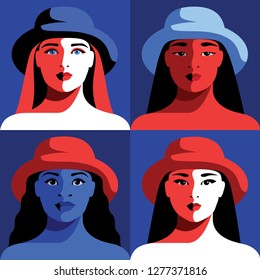 European, Asian and African girls. Set of abstract close-up female portraits. Vector illustration