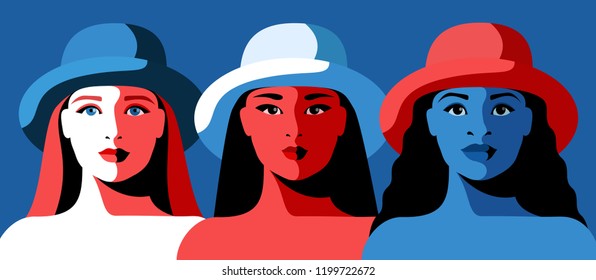 European, Asian and African girls. Three close-up female portraits. Vector illustration