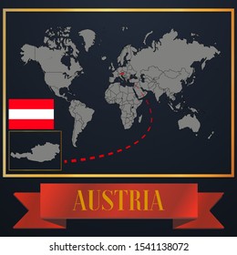 European Austria national flag, realistic globe world map blank template, solid country outline silhouette, atlas for infographic, vector illustration set, isolated object, background