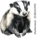 European badger watercolor illustration. Hand-drawn woodland animal in black and white. Single forest predator isolated on white background