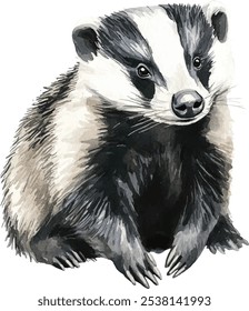 Ilustração de aquarela de texugo europeu. Animal de floresta desenhado à mão em preto e branco. Único predador florestal isolado em fundo branco