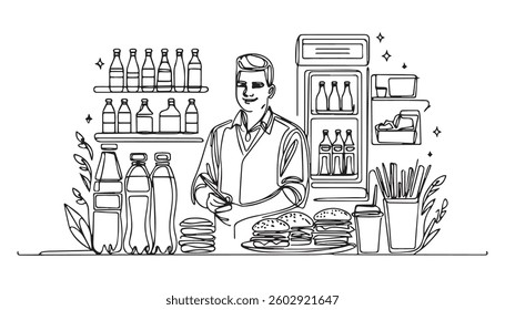 European bakery sketch, shop scene, food display, coloring page, illustration