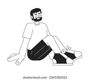 European bearded man on summer vacation monochromatic flat vector character. Guy sitting with smile. Editable thin line full body person on white. Simple bw cartoon spot image for web graphic design