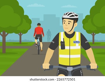 European bicycle patrol. Police officer riding bike on bike path in city park. Close-up front view. Flat vector illustration template.
