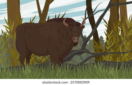 European bison Bison bonasus stands in a dense summer forest. European wood bison. The wisent or the zubr. Realistic vector  landscape