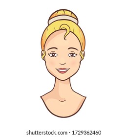 European blonde beautiful young woman avatar. Girl smiling emoticon. Female face icon Isolated on a white background. Vector Illustration.