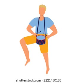 European Blonde Man Dancing With Drum. Vector Illustration.