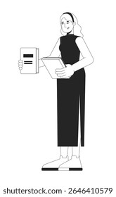 European blonde woman in qipao comparing books in hand 2D line character. Standing girl reader in casual cheongsam with novels isolated vector ink outline person. Monochromatic spot illustration