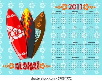 Calendario vectorial europeo azul Aloha 2011 con tablas de surf, a partir de los lunes