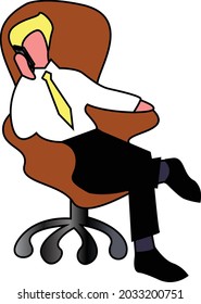 European boss ceo with blond hair in white shirt yellow tie pants shoes with socks sitting in leather office chair on wheels talking on his phone cross-legged vector illustration logo isolated