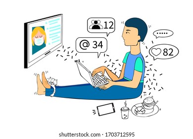 European boy works, communicates and studies at home. Stay at home. Distance work. Virtual communication, contact with the loved ones, friends, collaborators through the quarantine. Hand made, vector