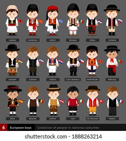 European boys in national dress with flag. Set of european men dressed in national clothes. Collection of people in traditional costume. Vector flat illustration.	
