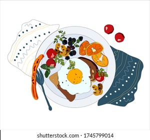European Breakfast vector illustration with scrambled eggs on toast bread,grilled sausage,tomatoes and mushroom.Orange slices with olives and herbs parsley.Napkin with abstract pattern. Concept menu