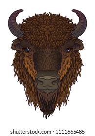 european brown zubr buffalo bison animal isolated on white background. Vector art illustration for men, boys, clothes