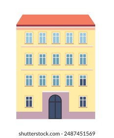 European building facade travel destination architecture Yellow four-story building with red roof blue windows central arched entrance flat design