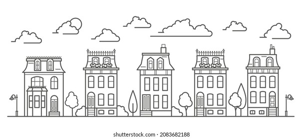 European buildings skyline. Linear cityscape with various row houses. Outline illustration with old Dutch buildings.