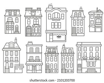 European buildings skyline. Linear cityscape with various row houses. Outline illustration with old Dutch buildings.